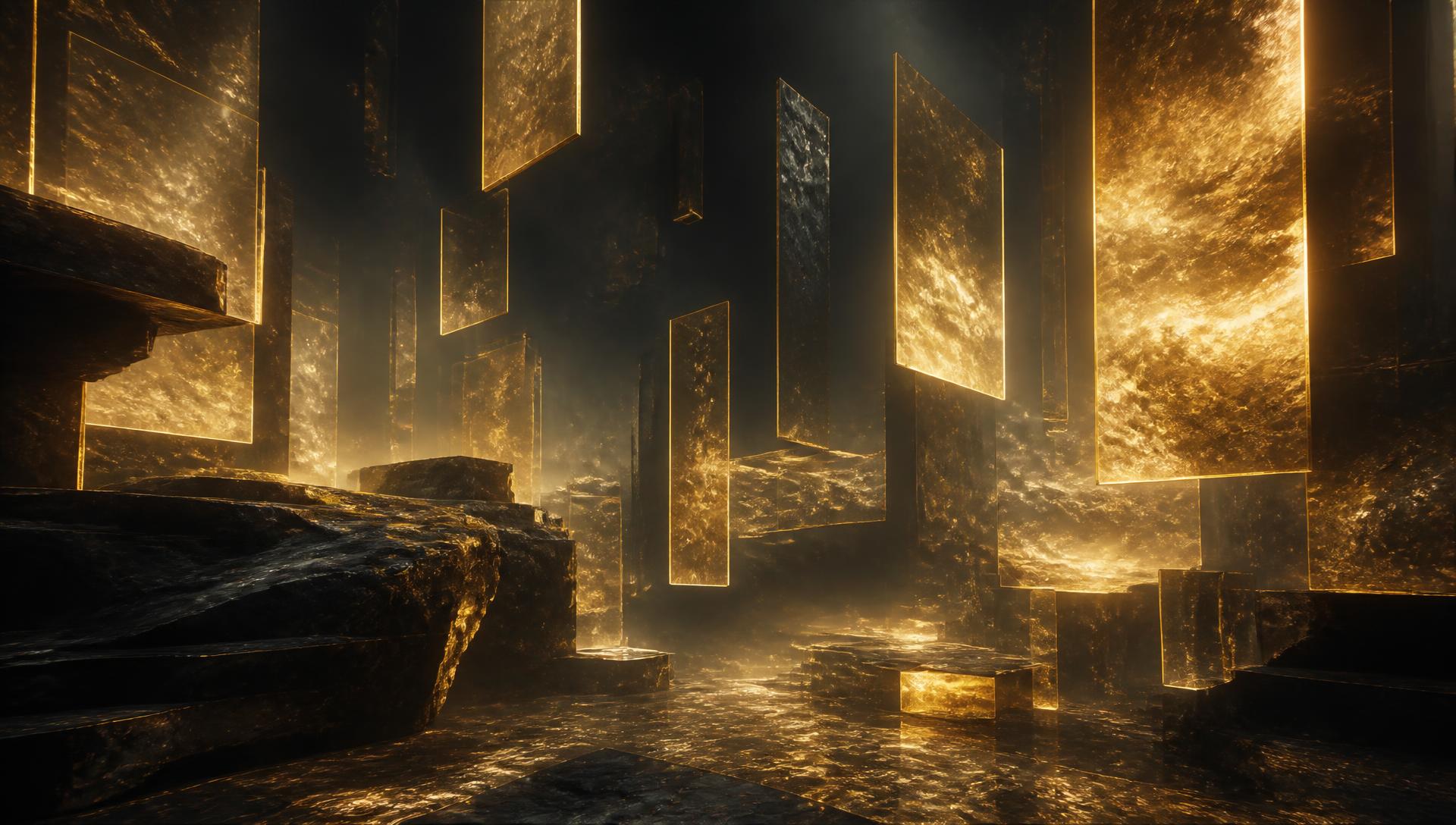 Floating panels of golden light suspended in a dark stone chamber